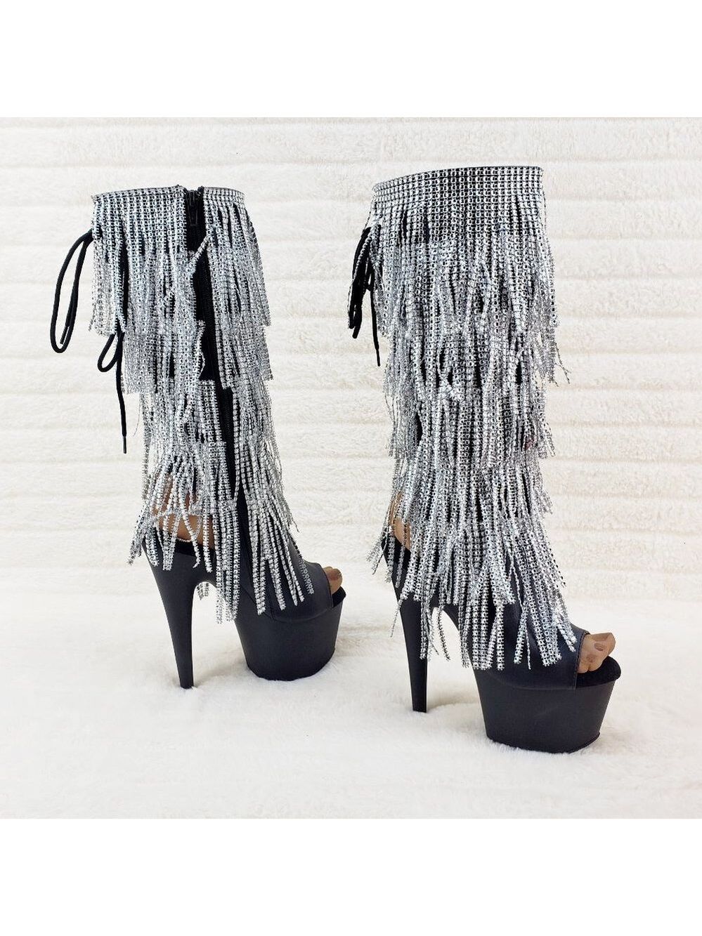Black / Silver 2024 Fringe High Heel Open Toe Knee Boots